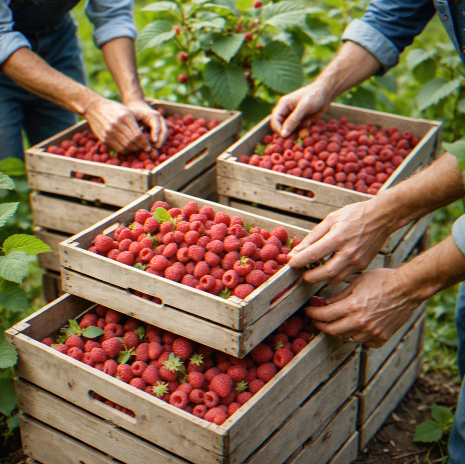 Freshly picked raspberries in wooden crate with farm region visible